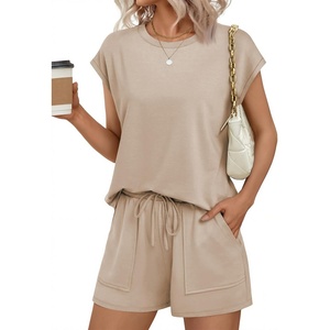 image:imageEkouaer Two Piece Sets for Women Summer Crew Neck Lounge Short Sets Cap Sleeve Drawstring Vacation Outfits with PocketDark Khaki