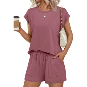 image:imageEkouaer Two Piece Sets for Women Summer Crew Neck Lounge Short Sets Cap Sleeve Drawstring Vacation Outfits with PocketDark Pink