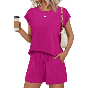 image:imageEkouaer Two Piece Sets for Women Summer Crew Neck Lounge Short Sets Cap Sleeve Drawstring Vacation Outfits with PocketHot Pink