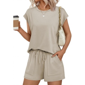 image:imageEkouaer Two Piece Sets for Women Summer Crew Neck Lounge Short Sets Cap Sleeve Drawstring Vacation Outfits with PocketKhaki