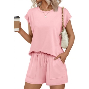 image:imageEkouaer Two Piece Sets for Women Summer Crew Neck Lounge Short Sets Cap Sleeve Drawstring Vacation Outfits with PocketLight Pink