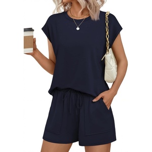 image:imageEkouaer Two Piece Sets for Women Summer Crew Neck Lounge Short Sets Cap Sleeve Drawstring Vacation Outfits with PocketNavy Blue