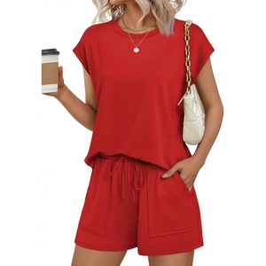 image:imageEkouaer Two Piece Sets for Women Summer Crew Neck Lounge Short Sets Cap Sleeve Drawstring Vacation Outfits with PocketRed