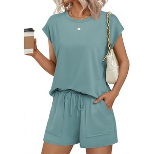 image:imageEkouaer Two Piece Sets for Women Summer Crew Neck Lounge Short Sets Cap Sleeve Drawstring Vacation Outfits with PocketSage Green