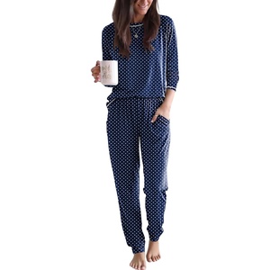 image:imageEkouaer Women Pajama Sets 2 Piece Long Sleeves and Joggers Sleepwear Set Soft Pjs Lounge Set with PocketsBlue Polka Dot