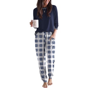 image:imageEkouaer Women Pajama Sets 2 Piece Long Sleeves and Joggers Sleepwear Set Soft Pjs Lounge Set with PocketsNavy Blue Plaid