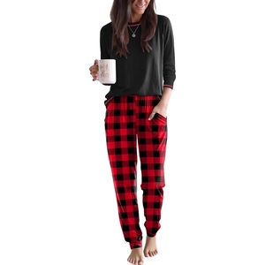 image:imageEkouaer Women Pajama Sets 2 Piece Long Sleeves and Joggers Sleepwear Set Soft Pjs Lounge Set with PocketsRed Plaid