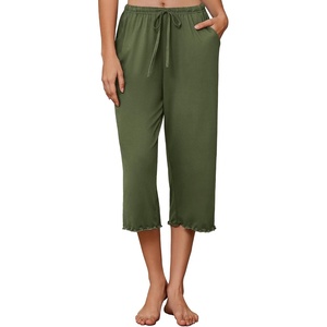 image:imageEkouaer Womens Capri Pajama Pants 2026 Wide Leg Lounge Sleep Pants Soft Comfy Drawstring Pj Bottoms with PocketsArmy Green