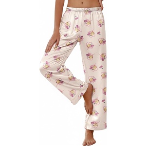 image:imageEkouaer Womens Silk Satin Pajama Pants Soft Loose Lounge Pants Lightweight Elastic Waist Wide Leg Pj Bottoms with PocketsChampagne Love Teddy