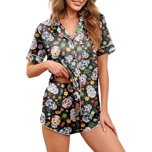 image:imageEkouaer Womens Silk Satin Pajamas Set Short Sleeve Sleepwear Button Down Loungewear 2 Piece Pjs Shorts Set S5X Plus SizeColourful Halloween Skulls