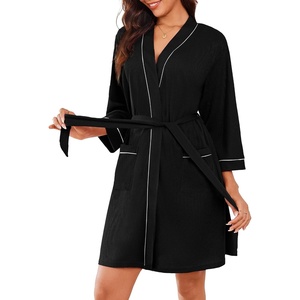 image:imageEkouaer Women Robes Waffle Knee Length Bathrobe Lightweight Soft Sleepwear V neck 34 Sleeve Casual Ladies Loungewear SXXLBlack
