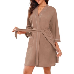 image:imageEkouaer Women Robes Waffle Knee Length Bathrobe Lightweight Soft Sleepwear V neck 34 Sleeve Casual Ladies Loungewear SXXLKhaki