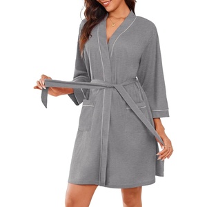 image:imageEkouaer Women Robes Waffle Knee Length Bathrobe Lightweight Soft Sleepwear V neck 34 Sleeve Casual Ladies Loungewear SXXLLight Grey