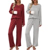image:imageEkouaer Womens 2 Pack Pajama Set Long Sleeve Pajamas Top and Pants V Neck Pjs Set Soft Loungewear with PocketsWine Red  Light Gray