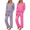 image:imageEkouaer Womens 2 Pack Pajama Set Long Sleeve Pajamas Top and Pants V Neck Pjs Set Soft Loungewear with PocketsPink Love  Purple