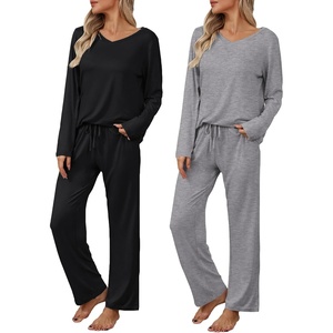 image:imageEkouaer Womens 2 Pack Pajama Set Long Sleeve Pajamas Top and Pants V Neck Pjs Set Soft Loungewear with PocketsBlack  Dark Grey