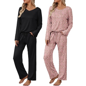 image:imageEkouaer Womens 2 Pack Pajama Set Long Sleeve Pajamas Top and Pants V Neck Pjs Set Soft Loungewear with PocketsBlack  Pink Leopard