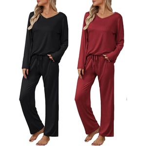 image:imageEkouaer Womens 2 Pack Pajama Set Long Sleeve Pajamas Top and Pants V Neck Pjs Set Soft Loungewear with PocketsBlack  Wine Red