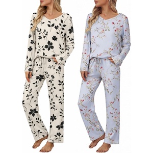 image:imageEkouaer Womens 2 Pack Pajama Set Long Sleeve Pajamas Top and Pants V Neck Pjs Set Soft Loungewear with PocketsBlack Floral  Blue Floral