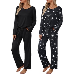 image:imageEkouaer Womens 2 Pack Pajama Set Long Sleeve Pajamas Top and Pants V Neck Pjs Set Soft Loungewear with PocketsBlack Star  Black