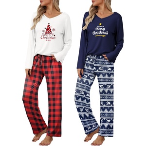 image:imageEkouaer Womens 2 Pack Pajama Set Long Sleeve Pajamas Top and Pants V Neck Pjs Set Soft Loungewear with PocketsBlue Christmas Elk  Red Plaid Christmas