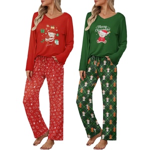 image:imageEkouaer Womens 2 Pack Pajama Set Long Sleeve Pajamas Top and Pants V Neck Pjs Set Soft Loungewear with PocketsChristmas Red Teddy christmas Green Teddy