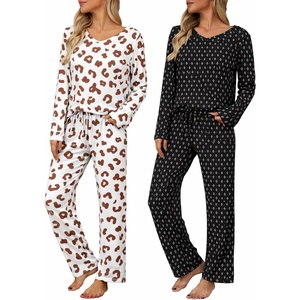 image:imageEkouaer Womens 2 Pack Pajama Set Long Sleeve Pajamas Top and Pants V Neck Pjs Set Soft Loungewear with PocketsGeometric Diamond Polka Dots leopardapricotbrown