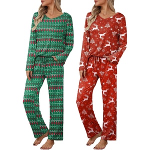 image:imageEkouaer Womens 2 Pack Pajama Set Long Sleeve Pajamas Top and Pants V Neck Pjs Set Soft Loungewear with PocketsGreen Christmas Snowflake  Red Christmas Elk