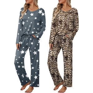 image:imageEkouaer Womens 2 Pack Pajama Set Long Sleeve Pajamas Top and Pants V Neck Pjs Set Soft Loungewear with PocketsLeopard grey Star