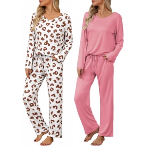 image:imageEkouaer Womens 2 Pack Pajama Set Long Sleeve Pajamas Top and Pants V Neck Pjs Set Soft Loungewear with PocketsPink leopardapricotbrown