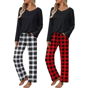 image:imageEkouaer Womens 2 Pack Pajama Set Long Sleeve Pajamas Top and Pants V Neck Pjs Set Soft Loungewear with PocketsPlaidredblack plaidblackwhite