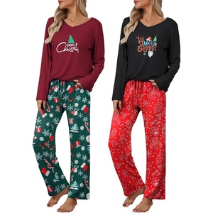 image:imageEkouaer Womens 2 Pack Pajama Set Long Sleeve Pajamas Top and Pants V Neck Pjs Set Soft Loungewear with PocketsRed Christmas Print  Green Christmas Print