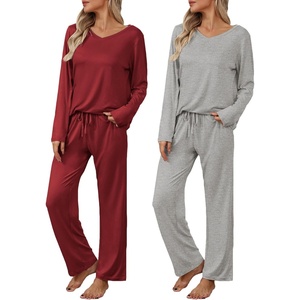 image:imageEkouaer Womens 2 Pack Pajama Set Long Sleeve Pajamas Top and Pants V Neck Pjs Set Soft Loungewear with PocketsWine Red  Light Gray