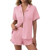image:imageEkouaer Womens Pajamas Sets Button Down Pjs Cute Short Sleeve Sleepwear  Pointelle Fabric PyjamaRuffle Edges ShortsClassic Notch Neck ShirtChest PocketCute LoungewearBridal Party NightwearPink