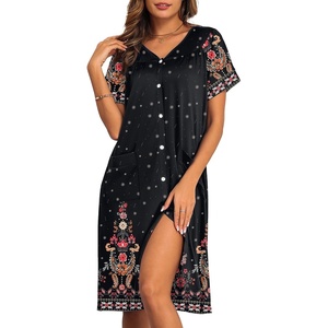 image:imageEkouaer House Dresses for Women with Pockets Button Down Nightgowns Plus Size Moo Moos Mumu Dresses Floral Print S3XLEthnic Black