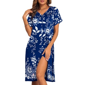image:imageEkouaer House Dresses for Women with Pockets Button Down Nightgowns Plus Size Moo Moos Mumu Dresses Floral Print S3XLEthnic Navy