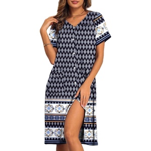 image:imageEkouaer House Dresses for Women with Pockets Button Down Nightgowns Plus Size Moo Moos Mumu Dresses Floral Print S3XLEthnic Navy Blue