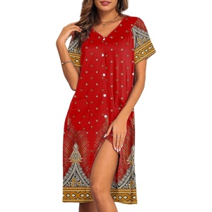 image:imageEkouaer House Dresses for Women with Pockets Button Down Nightgowns Plus Size Moo Moos Mumu Dresses Floral Print S3XLEthnic Red