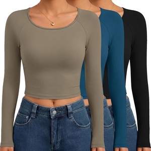 image:imageEkouaer Long Sleeve Crop Tops for Women 3 Pack Scoop Neck Raglan Shirts Slim Fit Underscrub Basic Base Layer XSXXL3pcs Black Haze Blue Tea Leaf