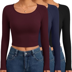 image:imageEkouaer Long Sleeve Crop Tops for Women 3 Pack Scoop Neck Raglan Shirts Slim Fit Underscrub Basic Base Layer XSXXL3pcs Black Navy Blue Wine Red