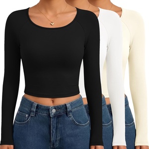 image:imageEkouaer Long Sleeve Crop Tops for Women 3 Pack Scoop Neck Raglan Shirts Slim Fit Underscrub Basic Base Layer XSXXL3pcs Black White Beige