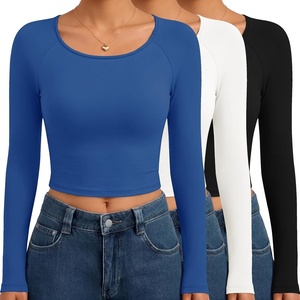 image:imageEkouaer Long Sleeve Crop Tops for Women 3 Pack Scoop Neck Raglan Shirts Slim Fit Underscrub Basic Base Layer XSXXL3pcs Black White Blue