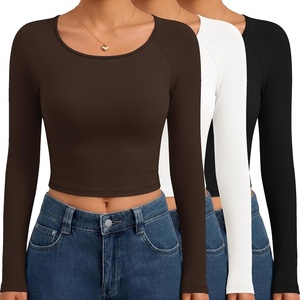 image:imageEkouaer Long Sleeve Crop Tops for Women 3 Pack Scoop Neck Raglan Shirts Slim Fit Underscrub Basic Base Layer XSXXL3pcs Black White Brown