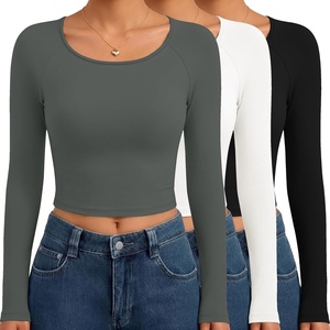 image:imageEkouaer Long Sleeve Crop Tops for Women 3 Pack Scoop Neck Raglan Shirts Slim Fit Underscrub Basic Base Layer XSXXL3pcs Black White Dark Grey