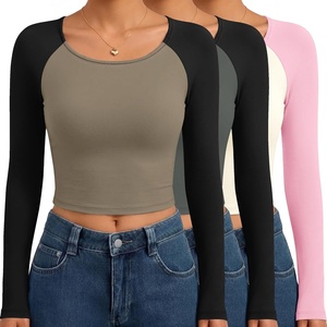 image:imageEkouaer Long Sleeve Crop Tops for Women 3 Pack Scoop Neck Raglan Shirts Slim Fit Underscrub Basic Base Layer XSXXL3pcs Mocha Black Grey Black Beige Pink