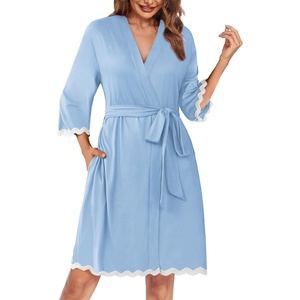 image:imageEkouaer Women Kimono Robe 34 Sleeves Loungewear Dress Knee Length Sleepwear Pockets Housecoat Short Bathrobe SXXLCclear Blue