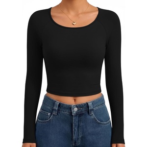 image:imageEkouaer Womens Long Sleeve Crop Tops Scoop Neck Raglan Shirts Slim Fit Underscrub Basic Fashion Clothing XSXXLA  Black
