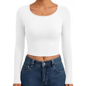 image:imageEkouaer Womens Long Sleeve Crop Tops Scoop Neck Raglan Shirts Slim Fit Underscrub Basic Fashion Clothing XSXXLA  White
