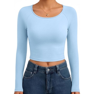 image:imageEkouaer Womens Long Sleeve Crop Tops Scoop Neck Raglan Shirts Slim Fit Underscrub Basic Fashion Clothing XSXXLBaby Blue