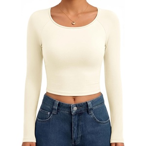 image:imageEkouaer Womens Long Sleeve Crop Tops Scoop Neck Raglan Shirts Slim Fit Underscrub Basic Fashion Clothing XSXXLBeige